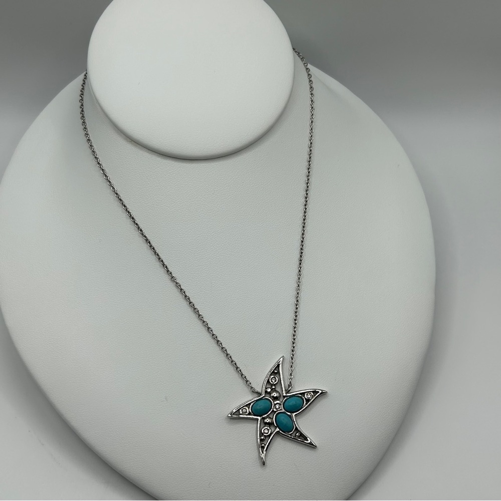 Coastal Silver Turquoise Starfish Pendant Necklace
